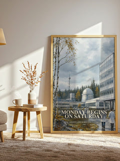 Monday Begins on Saturday watercolour print in frame leaning in hallway – sci fi wall art