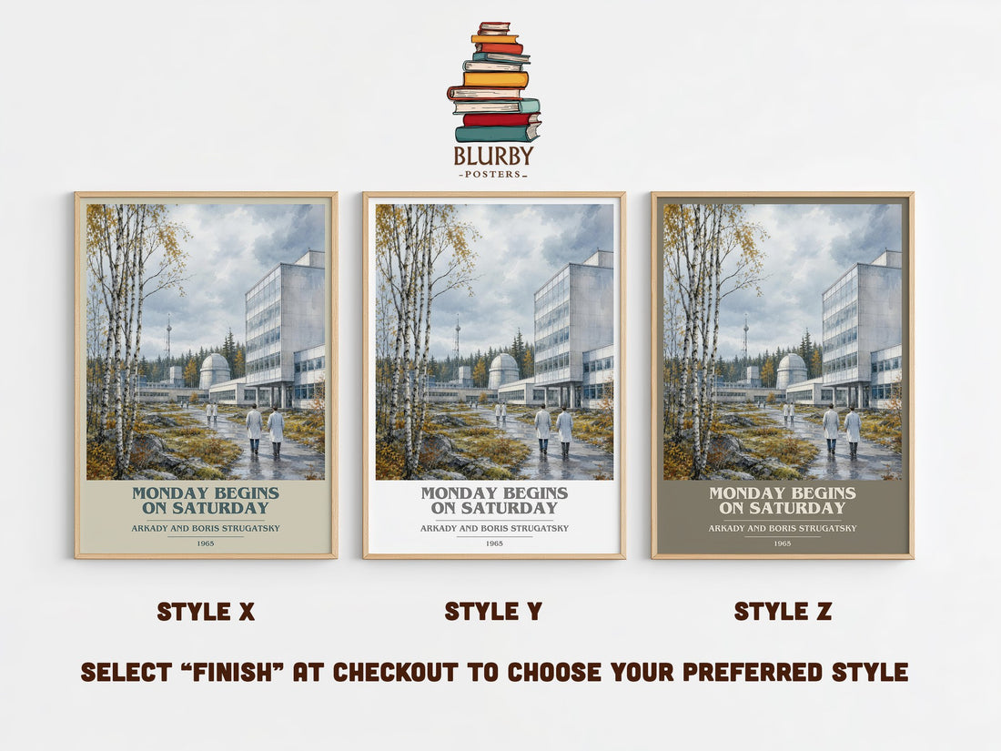 Monday Begins on Saturday book cover print in frame leaning in hallway – sci fi wall art (mockup)