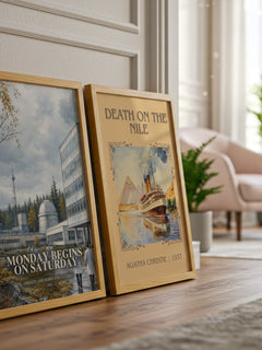 Monday Begins on Saturday watercolour print framed by window – literary home decor