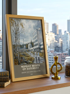 Monday Begins on Saturday book cover print framed by window – literary home decor