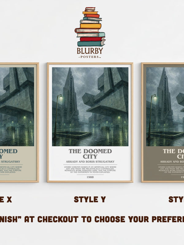 The Doomed City bookish print in frame leaning in hallway – dystopian wall art