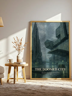 The Doomed City watercolour print in frame leaning in hallway – dystopian wall art