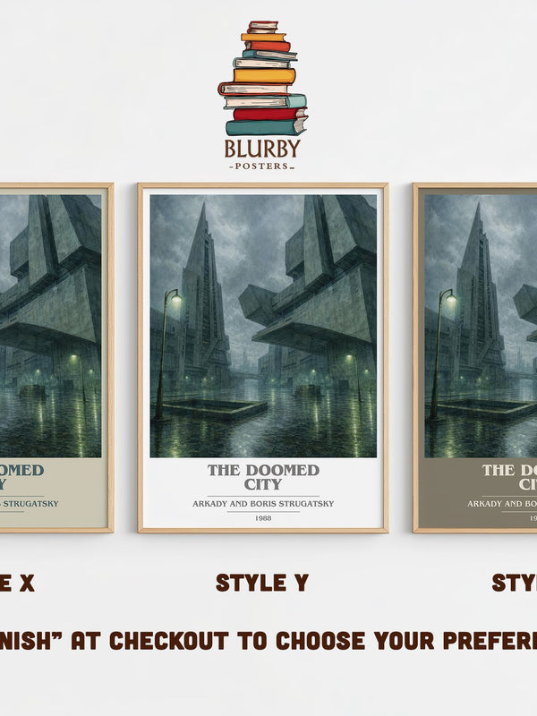 The Doomed City book cover print in frame leaning in hallway – dystopian wall art