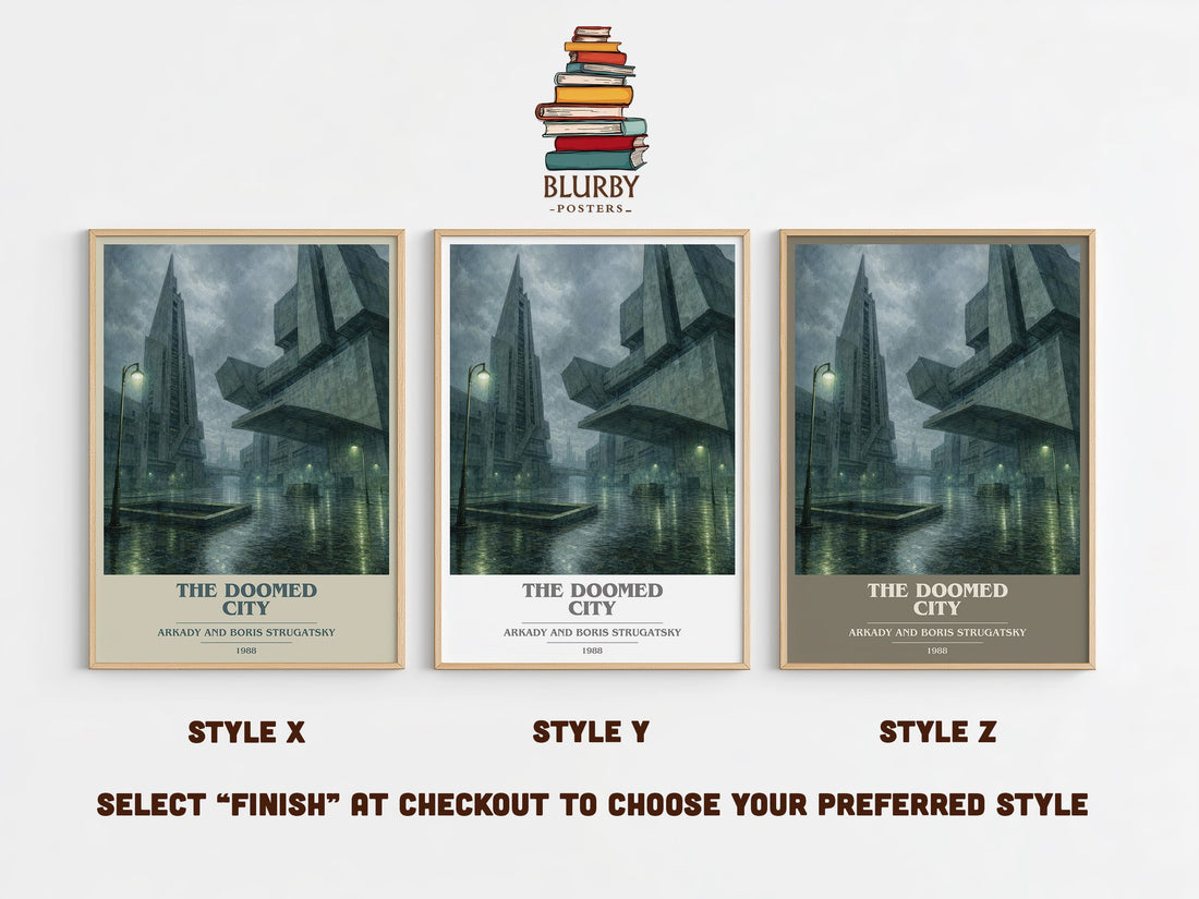 The Doomed City book cover print in frame leaning in hallway – dystopian wall art (mockup)