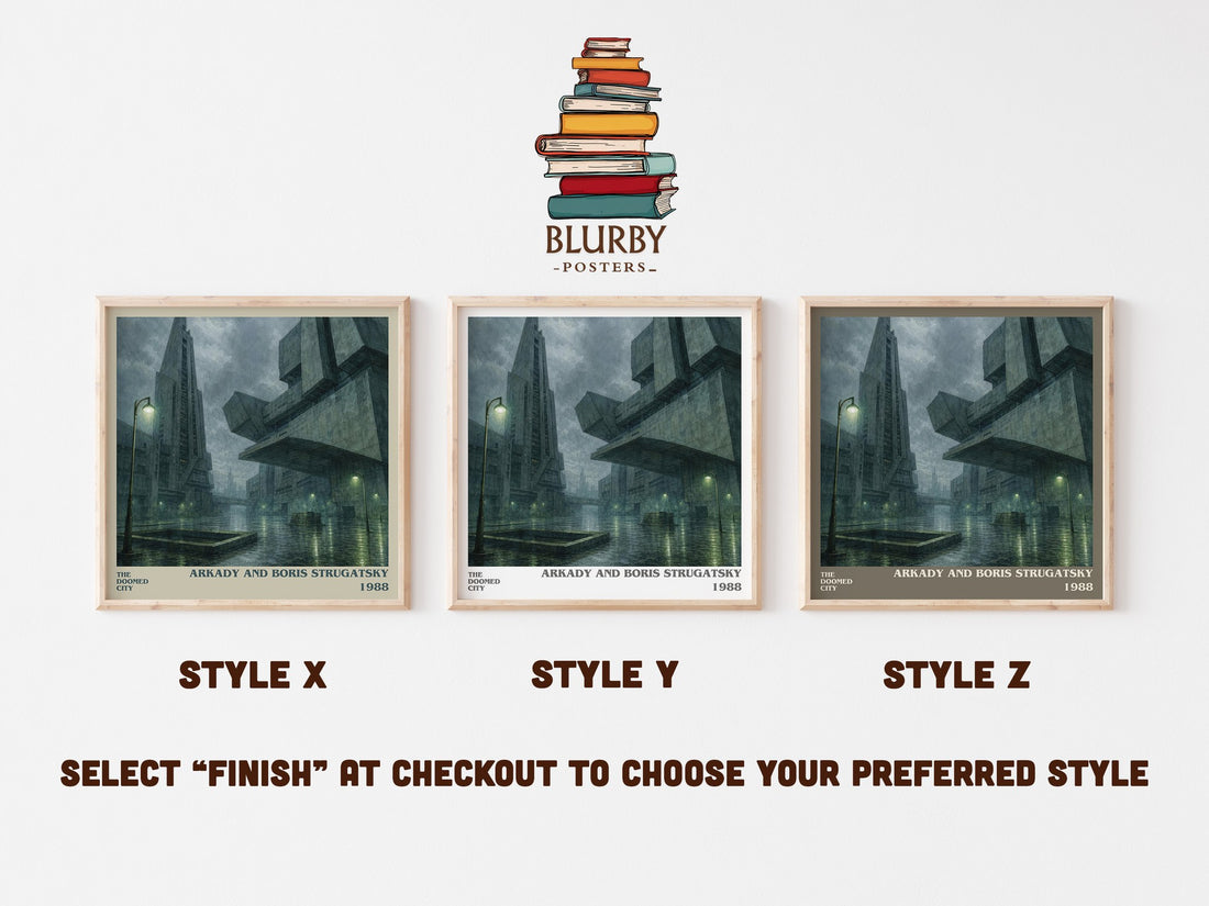 The Doomed City literary print in frame leaning in hallway – dystopian wall art (mockup)