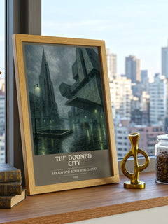 The Doomed City book cover print framed by window – literary home decor
