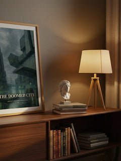 The Doomed City watercolour print on bookshelf – Arkady and Boris Strugatsky fan gift
