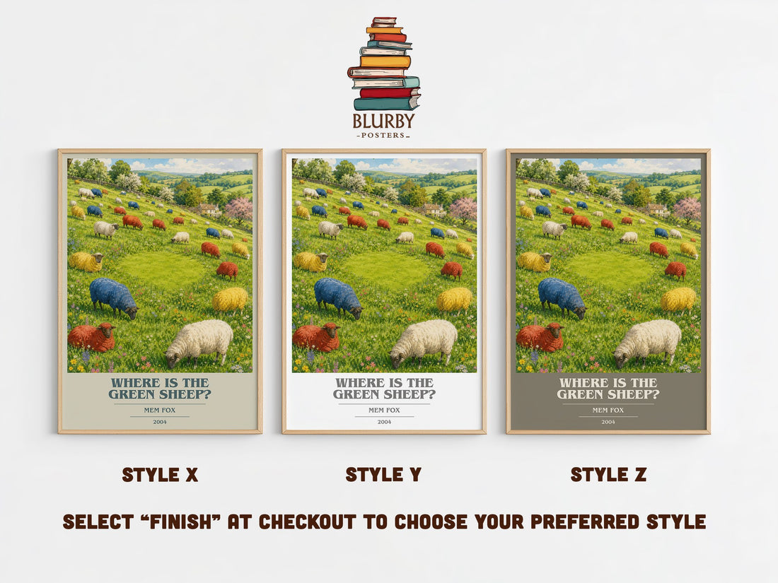 Where is the green sheep? book cover print in frame leaning in hallway – childrens wall art (mockup)
