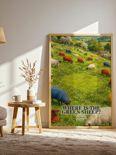 Where is the green sheep? watercolour print in frame leaning in hallway – childrens wall art