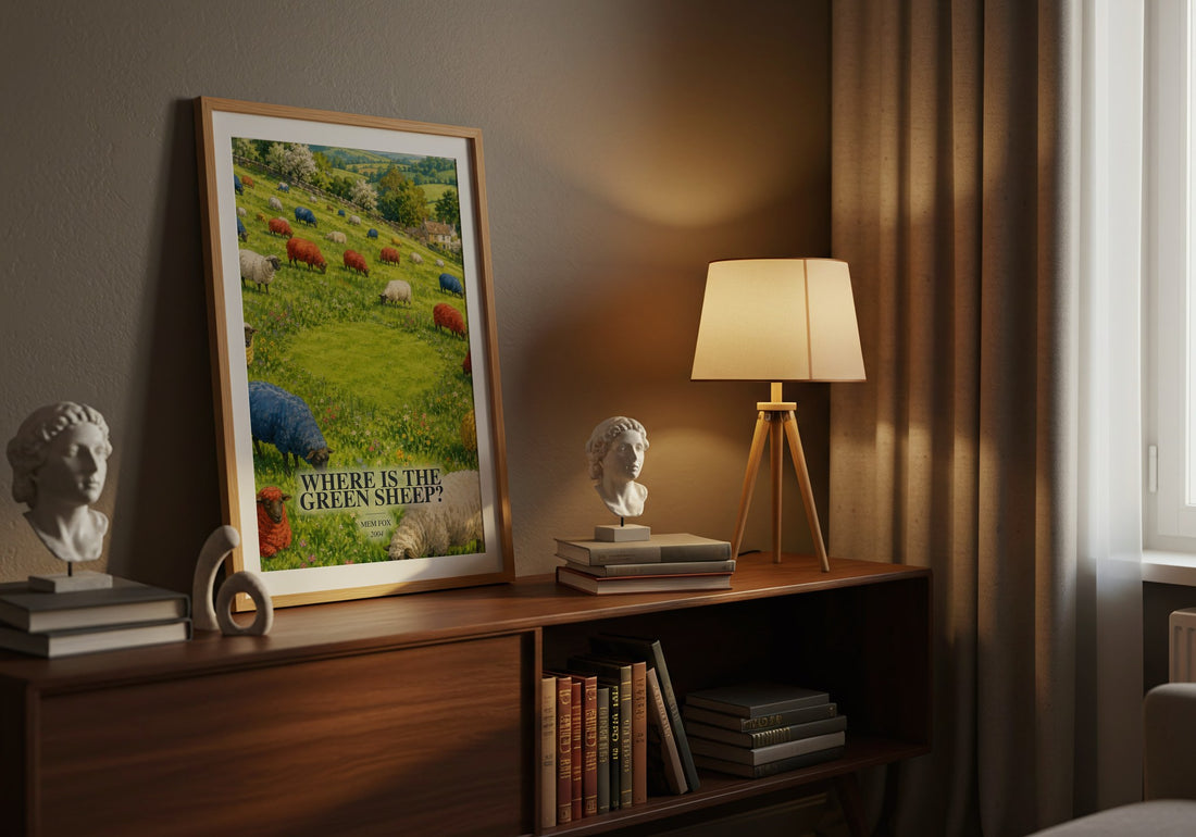 Where is the green sheep? watercolour print on bookshelf – Mem Fox fan gift