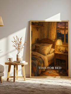 Time for Bed watercolour print in frame leaning in hallway – childrens wall art