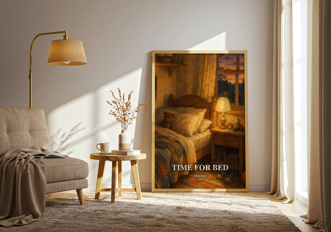 Time for Bed watercolour print in frame leaning in hallway – childrens wall art