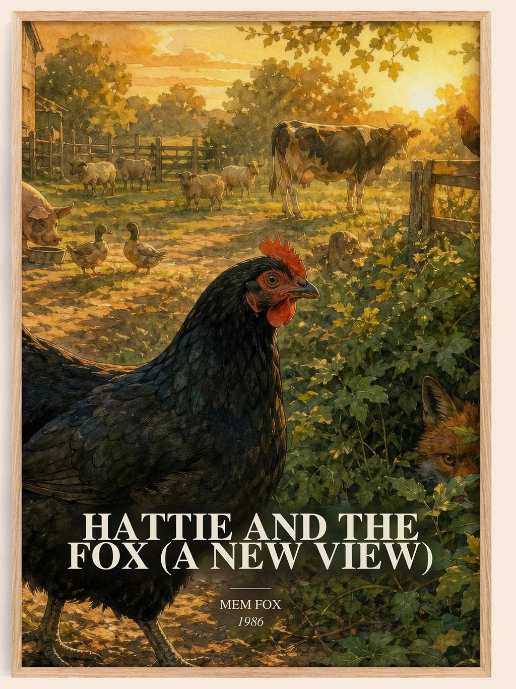 Hattie and the fox (A New View) watercolour book poster by Mem Fox – framed literary art print