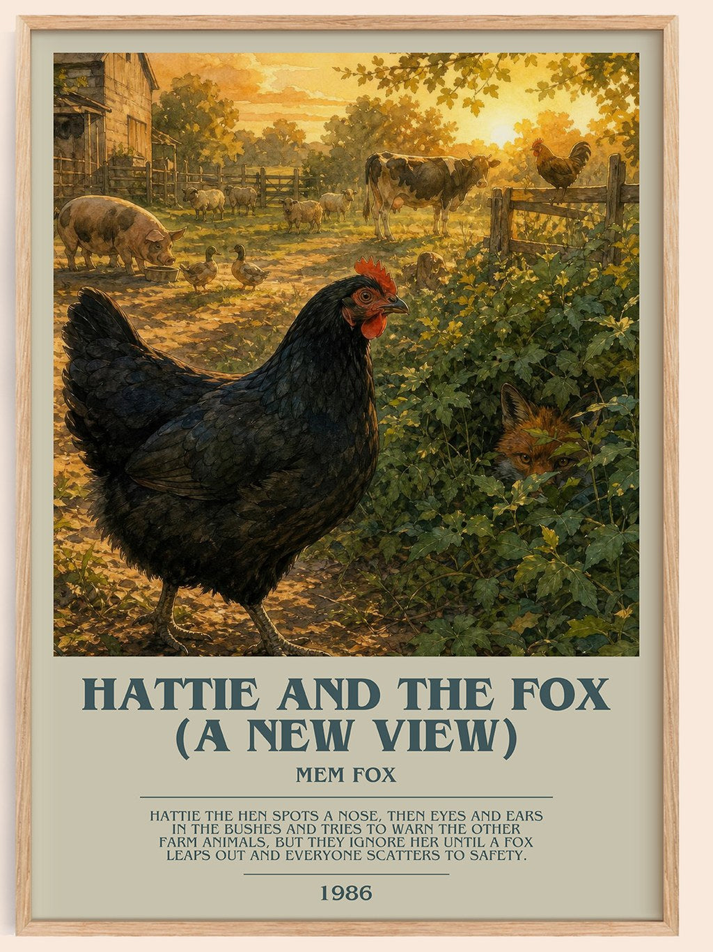 Hattie and the fox (A New View) bookish book poster by Mem Fox – framed literary art print