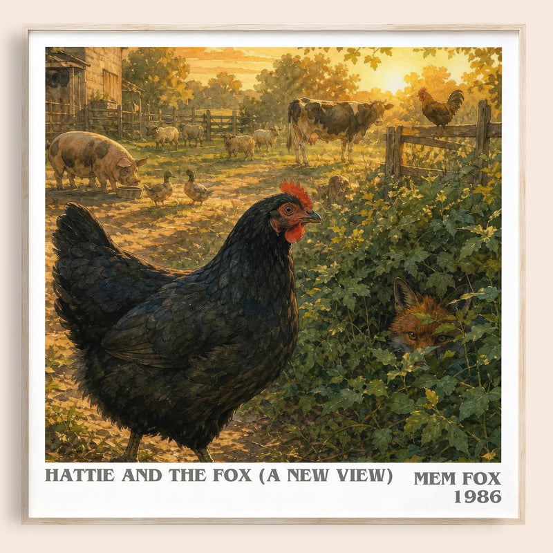 Hattie and the fox (A New View) literary book poster by Mem Fox – framed literary art print