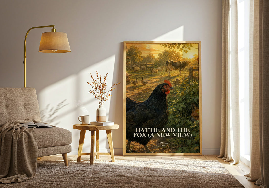 Hattie and the fox (A New View) watercolour print in frame leaning in hallway – childrens wall art