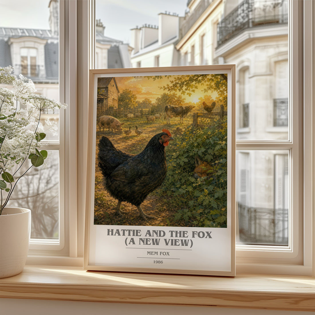 Hattie and the fox (A New View) book cover poster colour and style options – Mem Fox book art