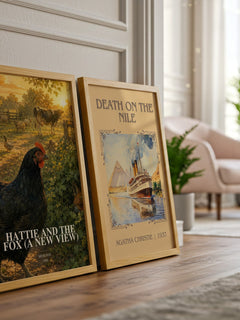 Hattie and the fox (A New View) watercolour print framed by window – literary home decor