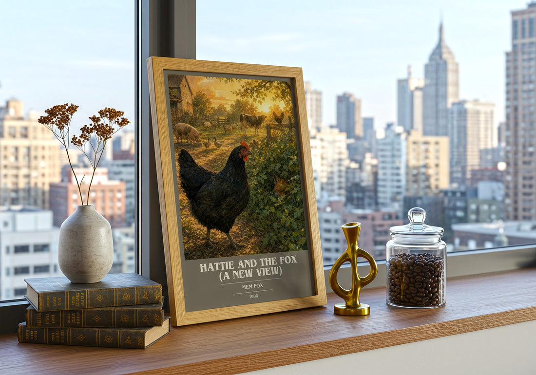 Hattie and the fox (A New View) book cover print framed by window – literary home decor