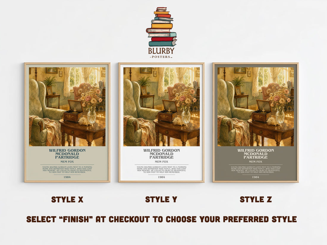 Wilfrid Gordon McDonald Partridge bookish print in frame leaning in hallway – childrens wall art (mockup)
