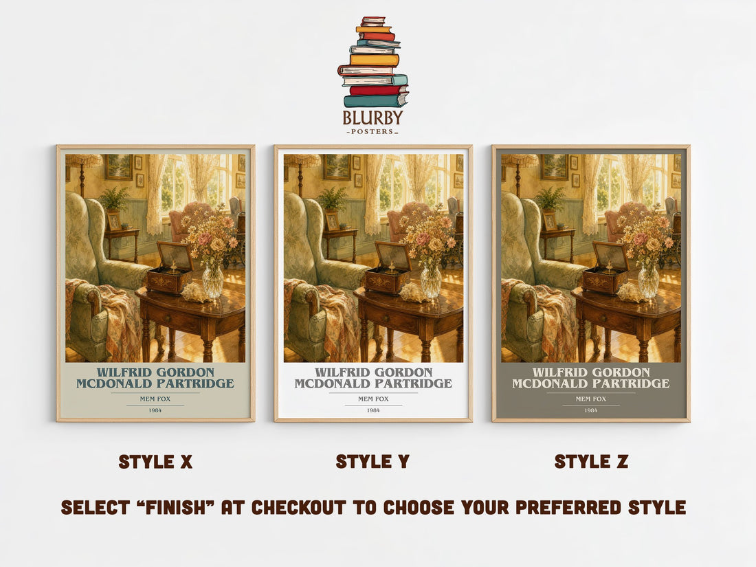 Wilfrid Gordon McDonald Partridge book cover print in frame leaning in hallway – childrens wall art (mockup)