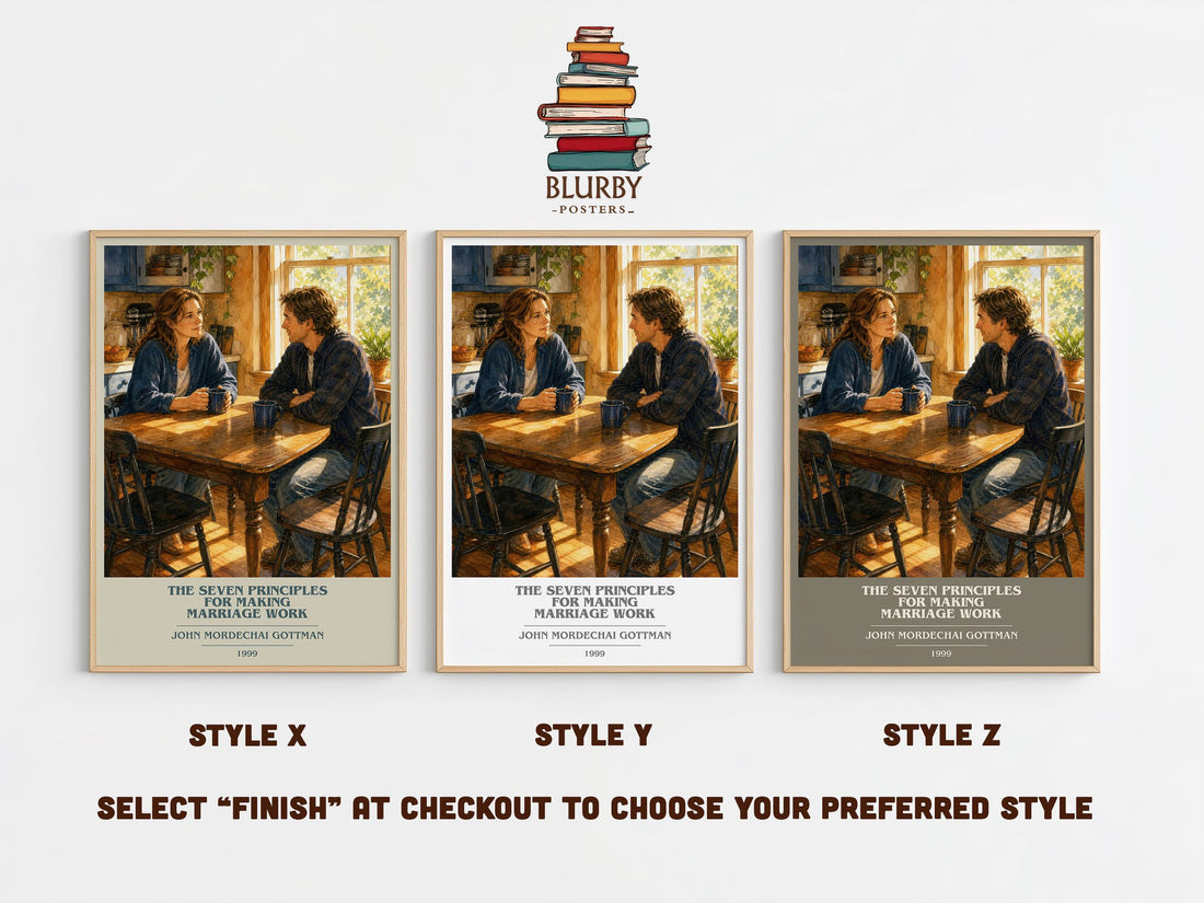 The seven principles for making marriage work book cover print in frame leaning in hallway – non fiction wall art (mockup)