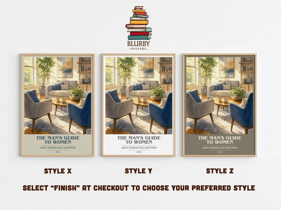 The man's guide to women book cover print in frame leaning in hallway – non fiction wall art (mockup)