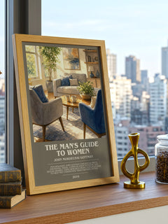The man's guide to women Bookish Wall Art by John Mordechai Gottman – framed print on a city-view windowsill