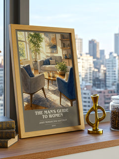 The man's guide to women book cover print framed by window – literary home decor