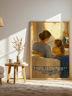 Raising an emotionally intelligent child watercolour print in frame leaning in hallway – non fiction wall art