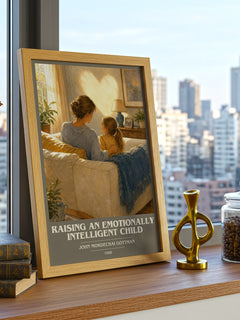 Raising an emotionally intelligent child book cover print framed by window – literary home decor