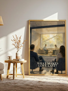What makes love last? watercolour print in frame leaning in hallway – non fiction wall art