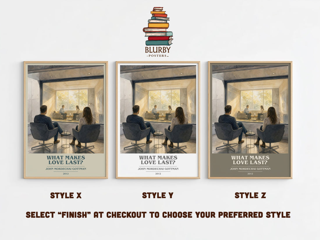 What makes love last? book cover print in frame leaning in hallway – non fiction wall art (mockup)