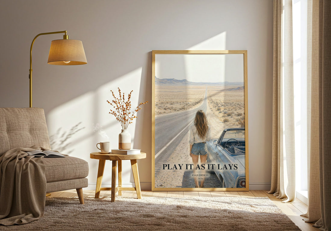 Play It as It Lays watercolour print in frame leaning in hallway – literary fiction wall art