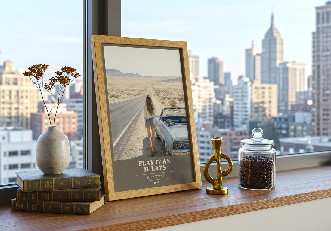 Play It as It Lays book cover print framed by window – literary home decor