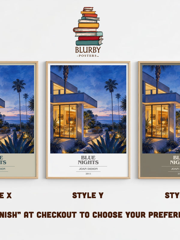 Blue nights book cover print in frame leaning in hallway – memoir wall art