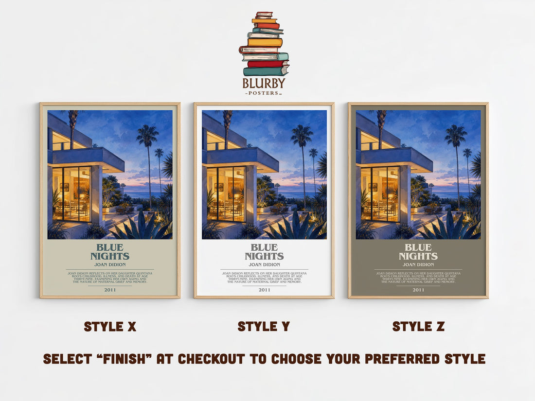 Blue nights bookish print in frame leaning in hallway – memoir wall art (mockup)
