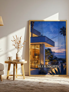 Blue nights watercolour print in frame leaning in hallway – memoir wall art