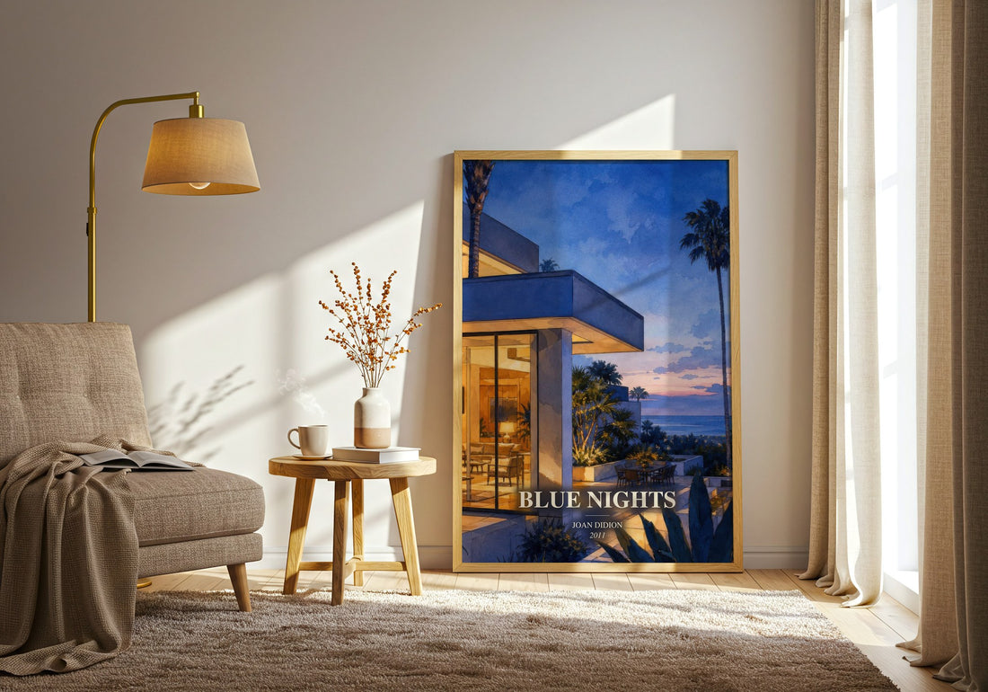 Blue nights watercolour print in frame leaning in hallway – memoir wall art