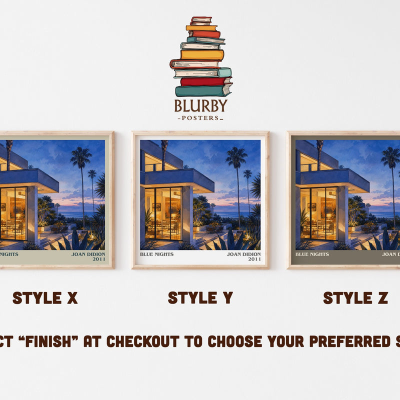 Blue nights literary print in frame leaning in hallway – memoir wall art