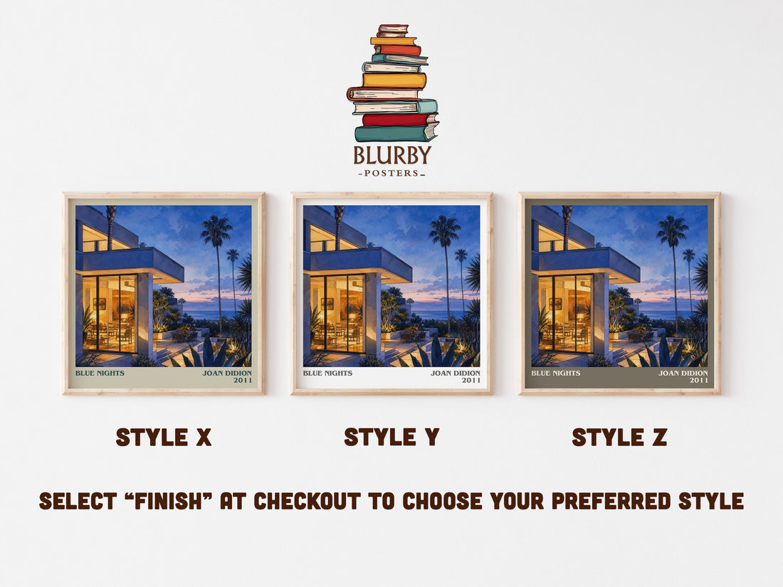 Blue nights literary print in frame leaning in hallway – memoir wall art (mockup)