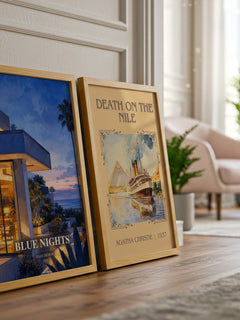 Blue nights watercolour print framed by window – literary home decor