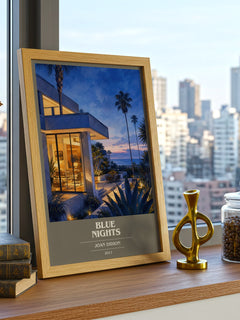 Blue nights book cover print framed by window – literary home decor