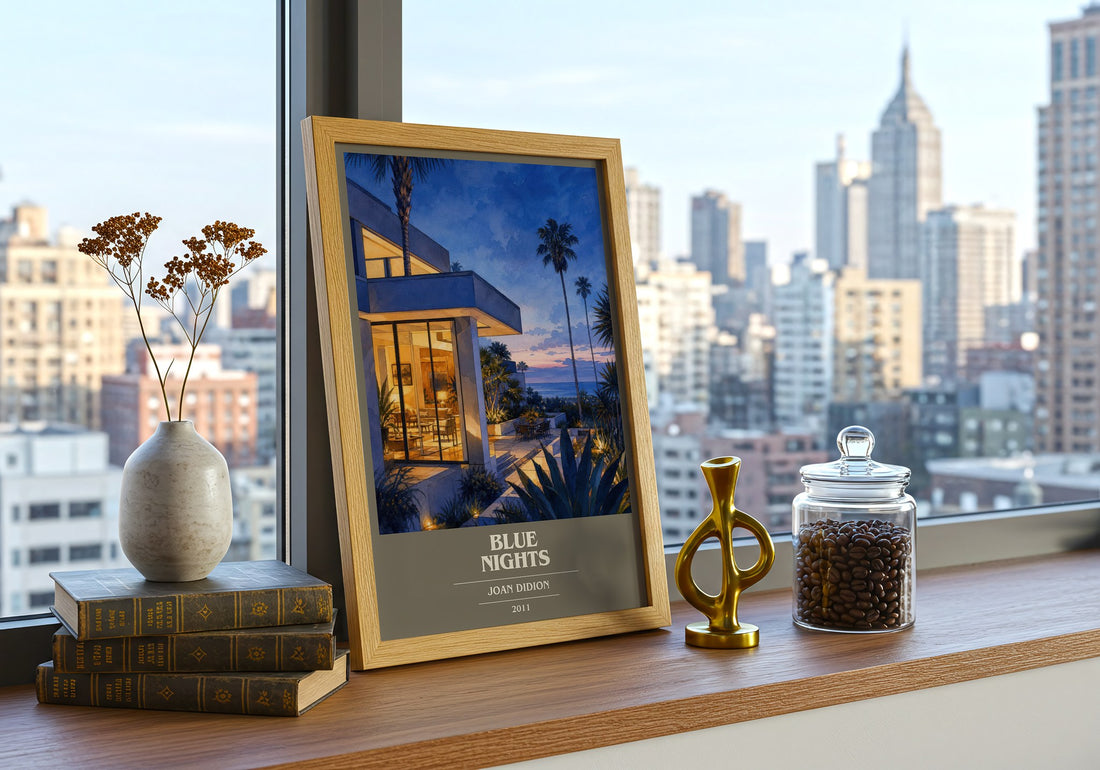 Blue nights book cover print framed by window – literary home decor