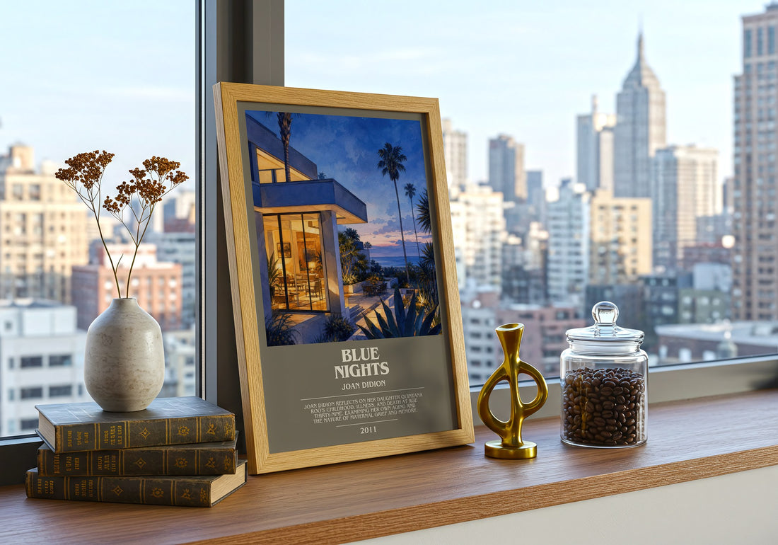 Blue nights bookish print framed by window – literary home decor