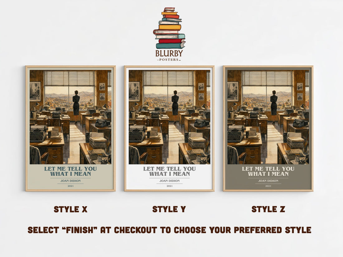 Let Me Tell You What I Mean book cover print in frame leaning in hallway – non fiction wall art (mockup)