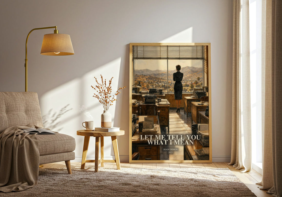 Let Me Tell You What I Mean watercolour print in frame leaning in hallway – non fiction wall art