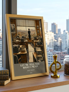 Let Me Tell You What I Mean book cover print framed by window – literary home decor
