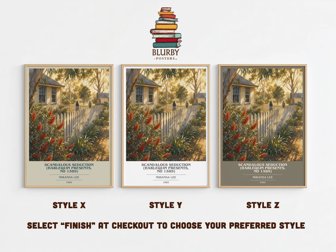 Scandalous Seduction (Harlequin Presents, No 1589) book cover print in frame leaning in hallway – romance wall art (mockup)