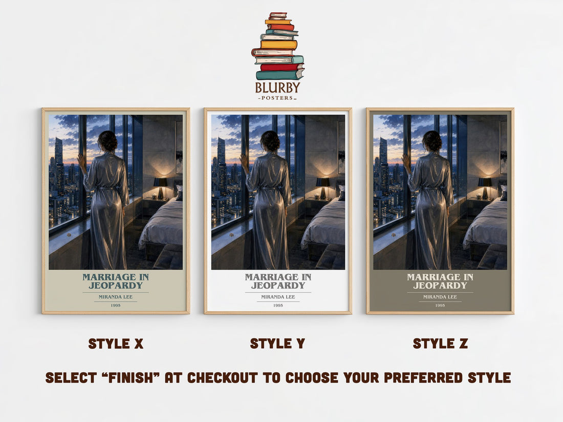 Marriage In Jeopardy book cover print in frame leaning in hallway – romance wall art (mockup)